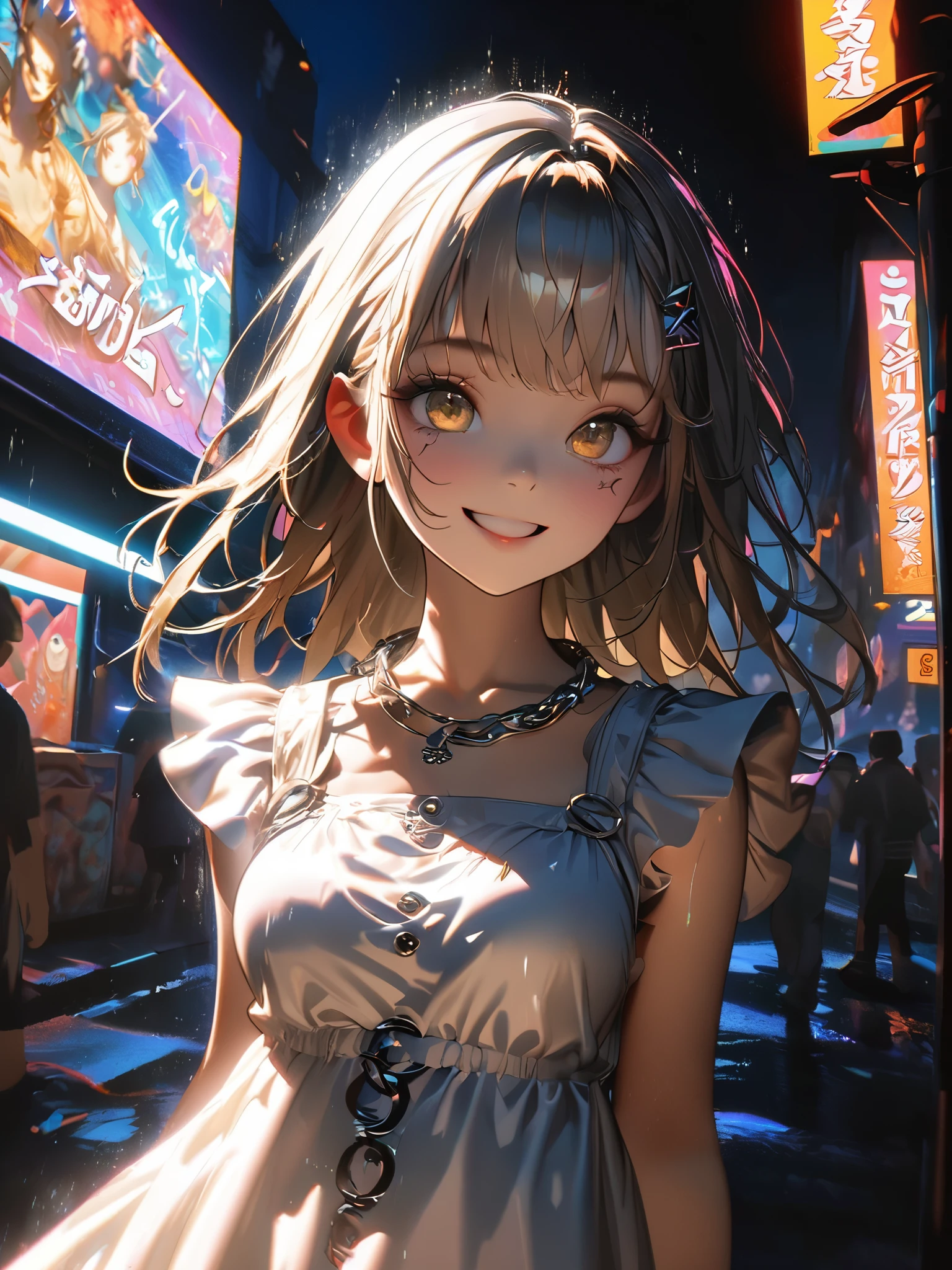 1 person, chromatic aberration, Written boundary depth, Soft Light, masterpiece, Highest quality, complicated, Tone Mapping, A place where fireworks are set off at festivals. Concept Art, Smooth, Clear focus, Dramatic lighting, Very cinematic, super practical painting, アートステーション's trending, 8k, Incredible Shadows, practical, whole body, View, Viewers, Portrait of a Girl 1, standing on street corner, Heavy rain and lightning、Dark Sky, neon and cyber punk background, she is dressed in punk clothing with silver chains and silver spikes, Her hair was dyed light brown......................Ominous aura of light, smile, punk, ciber punk, Backlight.Fashionable clothes、Friendly dress code: wearing cute white dress.My breasts are a little big