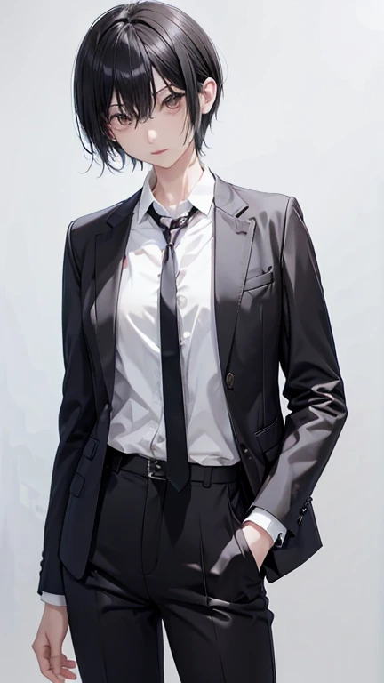 naked、nude、older sister、cool、slender、Black Hair,、Short Hair、In a suit、pants、
