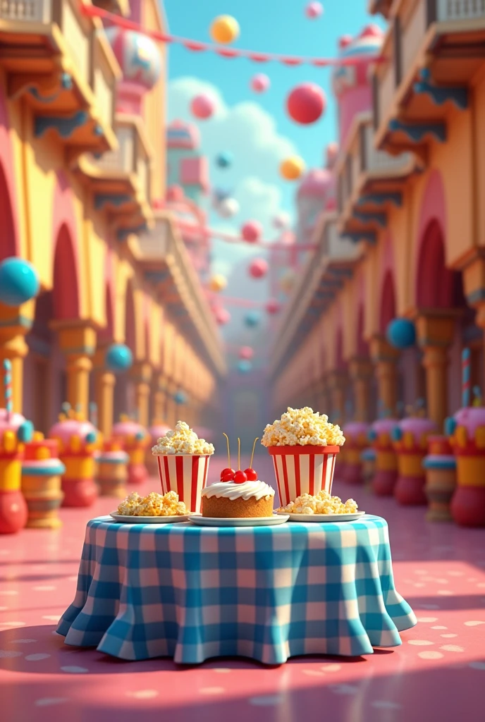 a table with a blue checkered tablecloth, with cake and popcorn in the decorated and colorful hall, 3D cartoon style, cinematic