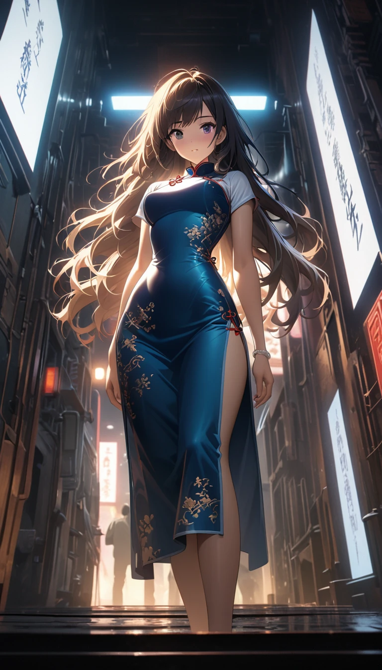 Cheongsam Girl，Long Hair，Pure white background，Depth of written boundary，Low angle view，Calf Level View，Overclocked Renderer，Cinema Lighting，Ultra-fine，Very detailed，complicated，Cinematic Perspective，CG Art，Side zipper