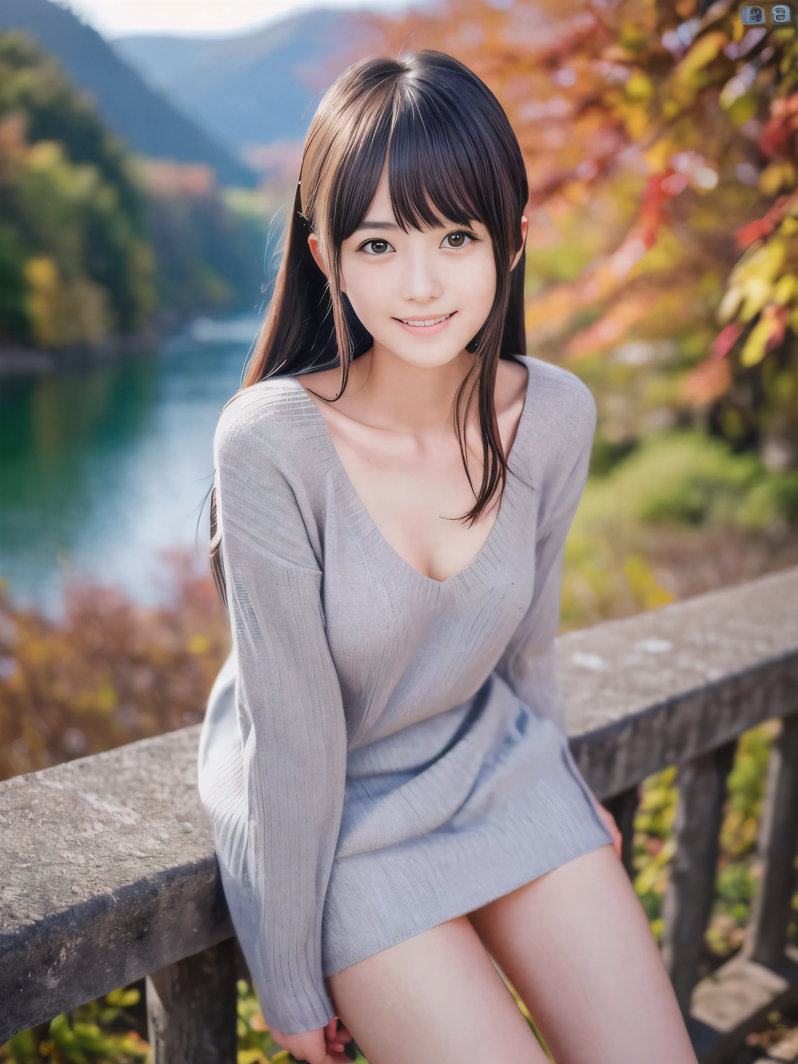 (Close up face shot of one slender small breasts dark silver long hair with swept bangs girl in a long sleeves shirt and sweater:1.5)、(One girl is leaning forward with happy smile on the dart road near the lake and big waterfall:1.5)、(Beautiful autumn red leaves and mountain view:1.5)、(Natural light:1.5)、(8k ultra detailed master piece:1.5)、(perfect anatomy:1.5)、(Photorealistic stick:1.5)、(Raw photo:1.3)、(highest quality:1.5)、(High resolution:1.3)、(Delicate and beautiful perfect face:1.3)、(Delicate and beautiful eye air skin:1.3)、(Real Human Skin:1.3)、((thin legs))