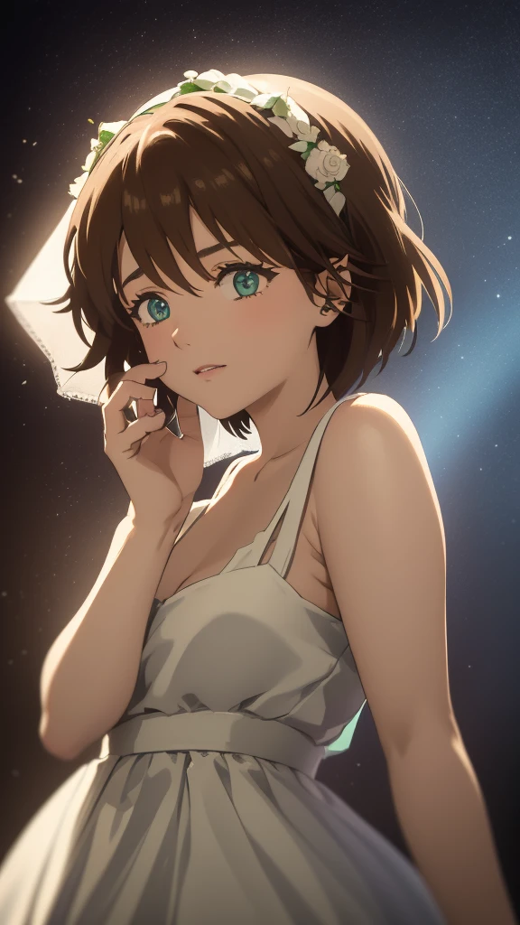 a beautiful young girl with short flowing brown hair, piercing green eyes, perfect eyes  delicate features, happy, wearing a White Dress inspired by Evangelion, detailed and, best quality, highly detailed, photorealistic, studio lighting, cinematic, dramatic lighting, vibrant colors, ethereal, mystical, intricate details