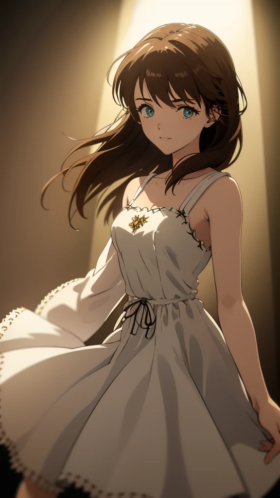 a beautiful young girl with short flowing brown hair, piercing green eyes, perfect eyes  delicate features, happy, wearing a White Dress inspired by Evangelion, detailed and, best quality, highly detailed, photorealistic, studio lighting, cinematic, dramatic lighting, vibrant colors, ethereal, mystical, intricate details