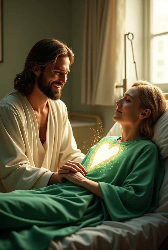 (photorealism:1.2), Handsome Jesus Christ, sitting on bed together with a sickness person holding their hand, the face of sickness person is visible, the light of his head and heart is sparkling all over, wearing the green color of beautiful king clothes, the light in his head and heart is sparkling, nice hair, indoors, soft lighting, hospital of bed ridden in the background, window with sunlight, cozy room, relaxed pose, realistic, intricate details, warm colors,