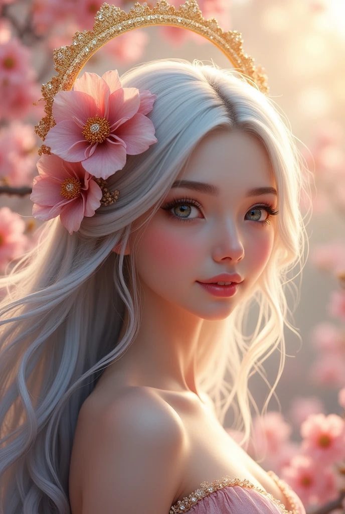 goddess　cute　Long Hair　Silver Hair　Gorgeous large flower hair ornament　Golden halo　Big eyes　Pink flowers background　Like a fairy　Smiling
