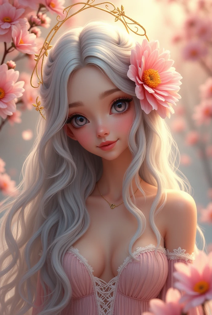 goddess　cute　Long Hair　Silver Hair　Gorgeous large flower hair ornament　Golden halo　Big eyes　Pink flowers background　Like a fairy　Smiling
