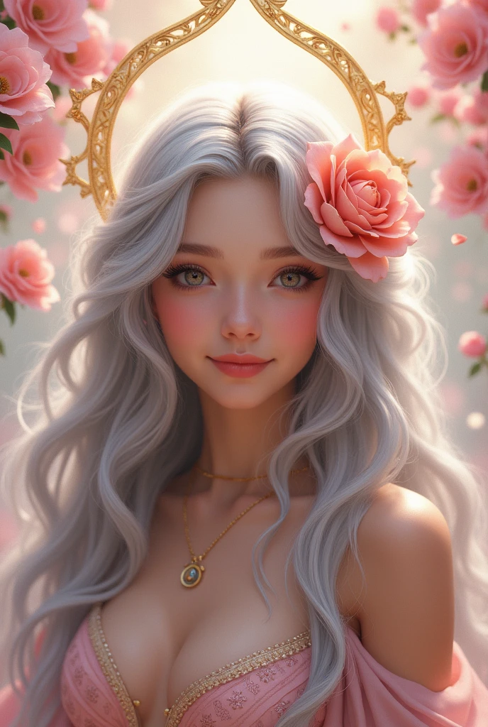 goddess　cute　Long Hair　Silver Hair　Gorgeous large flower hair ornament　Golden halo　Big eyes　Pink flowers background　Like a fairy　Smiling
