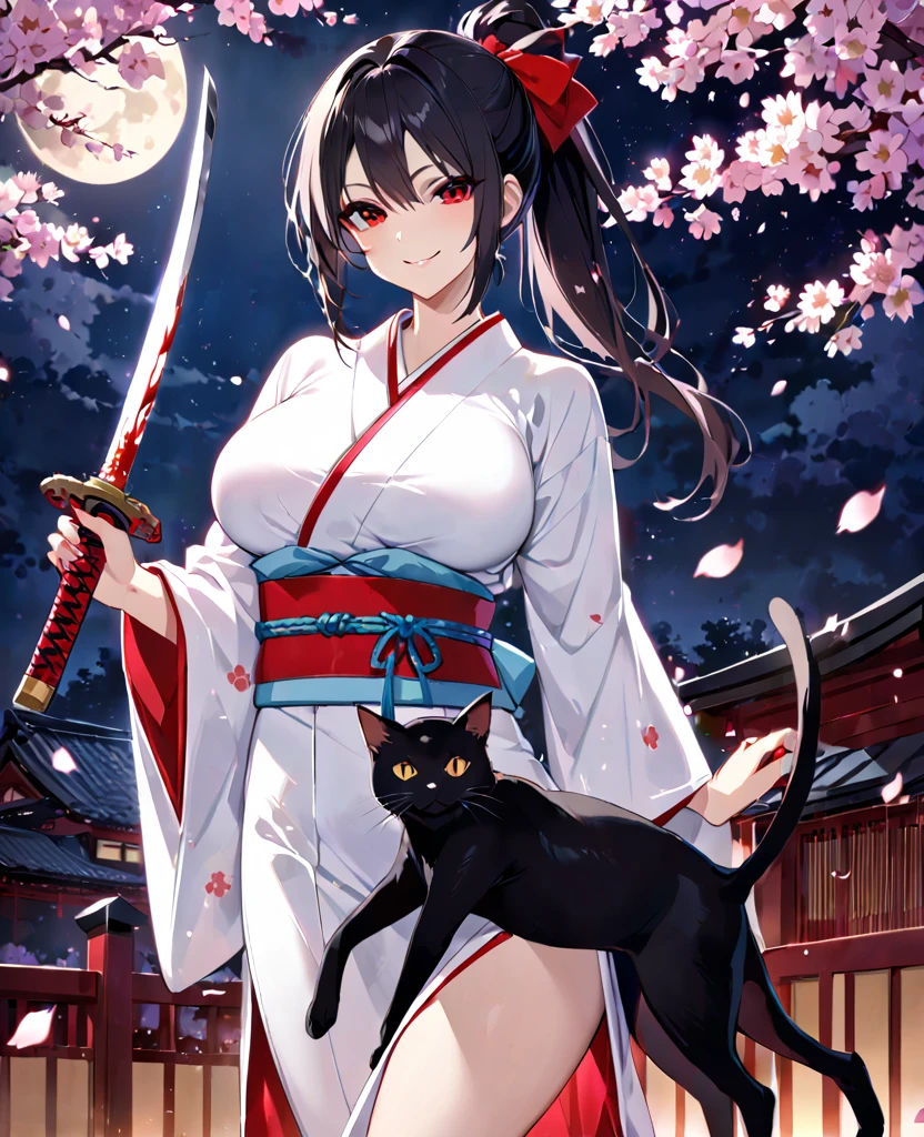 Girl in white kimono, black hair, ponytail, red eyes, cherry blossoms at night, moon, Japanese sword, blood splatter, smile, large breasts, black cat