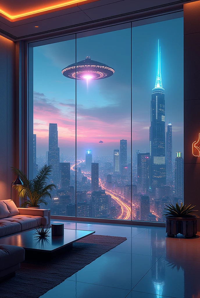 Penthouse with a cyberpunk futuristic view with UFO's - SeaArt AI