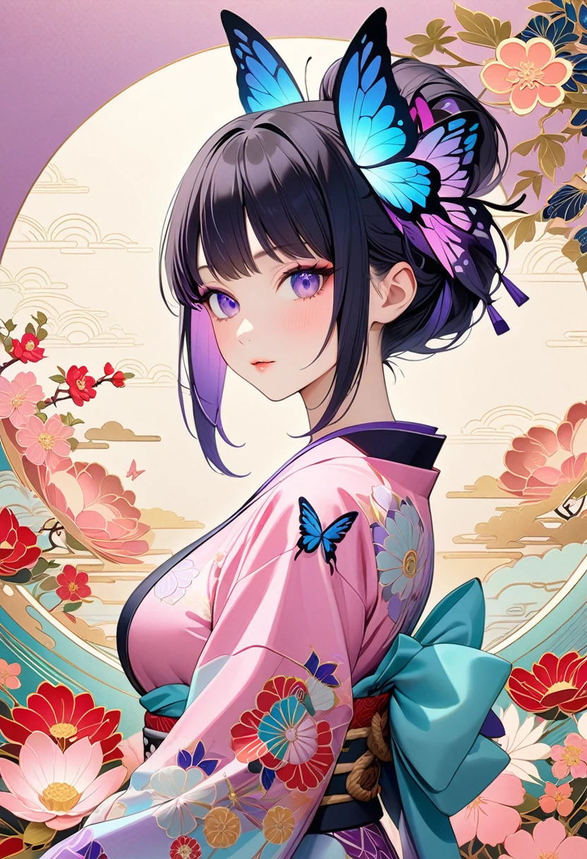 A mesmerizing surreal illustration of a young japanese woman resembling Shinobu Kouchou. She has black hair, purple eyes, a butterfly hair ornament, and wears a vibrant pastel colored outfit adorned with intricate floral patterns. She has a smooth, warm complexion, and bold, colorful tattoos cover her arms and legs. The tattoos feature traditional Japanese motifs like flowers and mythical creatures, rendered with meticulous detail in a pastel color palette. The background is a vintage floral-patterned wallpaper that complements the artwork's colors. The line work is precise, with delicate shading that gives the illustration a 3D quality. The artwork fuses modern illustration techniques with traditional Japanese aesthetics, resulting in a visually striking, portrait, Shinobu_Kocho, butterfly_hairpiece, multicolored_hair, purple_hair, black_hair, big breasts, slender, arms behind back, close up, detailed face portrait, 
