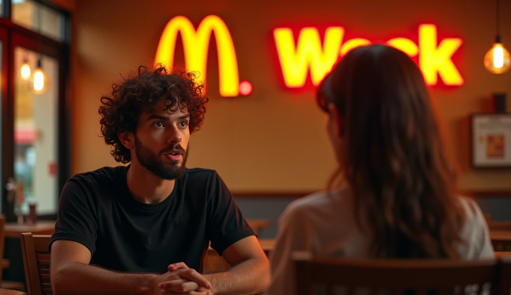 A highly realistic, high-contrast, 8K HD, detailed, hyper-detailed image of a fast-food restaurant commercial for "Wack," featuring a logo similar to McDonald's but with a "W." The scene focuses on a young man with curly hair and a beard, sitting in a chair across from another person. The man, wearing a black T-shirt, has an expression of surprise and curiosity as he looks at the person opposite him. The setting is a modern fast-food restaurant, with warm, orange-toned lighting creating a cozy yet dynamic atmosphere. The image is ultra-high resolution, RAW photo quality, with precise details that emphasize the man's facial expression, matching the provided reference image, and the distinct Wack branding in the background.
