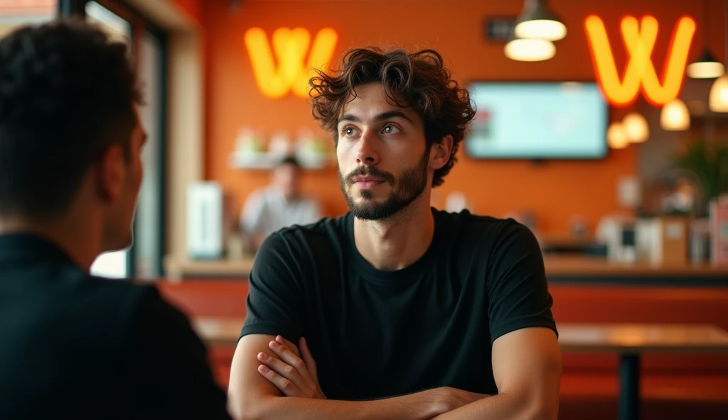 A highly realistic, high-contrast, 8K HD, detailed, hyper-detailed image of a fast-food restaurant commercial for "Wack," featuring a logo similar to McDonald's but with a "W." The scene focuses on a young man with curly hair and a beard, sitting in a chair across from another person. The man, wearing a black T-shirt, has an expression of surprise and curiosity as he looks at the person opposite him. The setting is a modern fast-food restaurant, with warm, orange-toned lighting creating a cozy yet dynamic atmosphere. The image is ultra-high resolution, RAW photo quality, with precise details that emphasize the man's facial expression, matching the provided reference image, and the distinct Wack branding in the background.