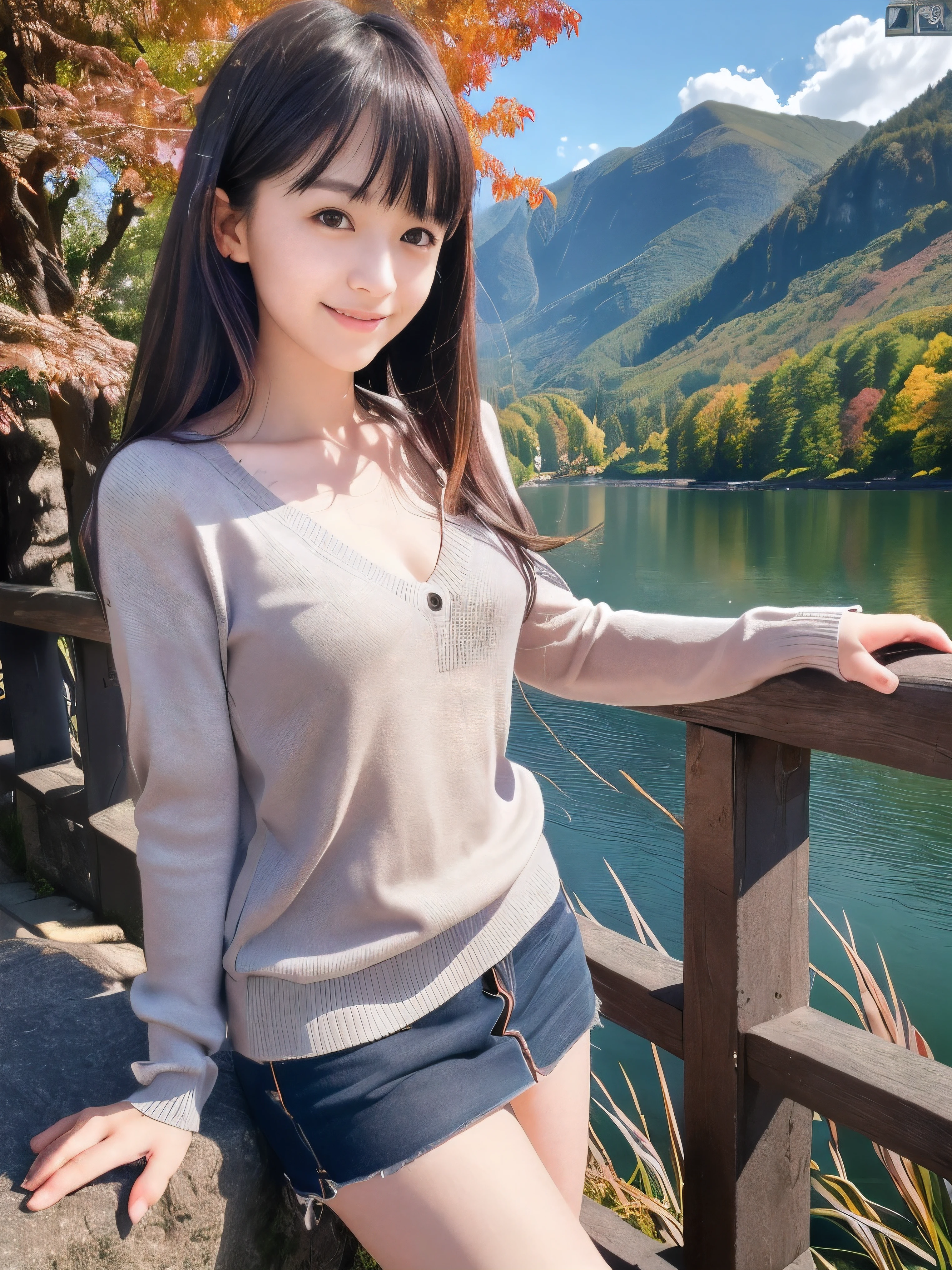 (Close up face shot of one slender small breasts dark silver long hair with swept bangs girl in a long sleeves shirt and sweater:1.5)、(One girl is leaning forward with happy smile on the dart road near the lake and big waterfall:1.5)、(Beautiful autumn red leaves and mountain view:1.5)、(Natural light:1.5)、(8k ultra detailed master piece:1.5)、(perfect anatomy:1.5)、(Photorealistic stick:1.5)、(Raw photo:1.3)、(highest quality:1.5)、(High resolution:1.3)、(Delicate and beautiful perfect face:1.3)、(Delicate and beautiful eye air skin:1.3)、(Real Human Skin:1.3)、((thin legs))