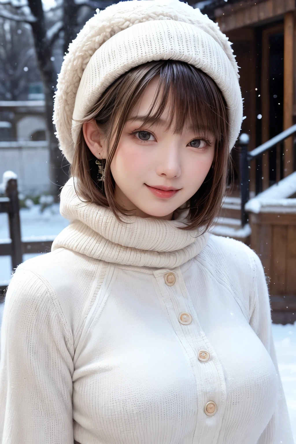 (masterpiece, Highest quality),One Girl, solo, Black-haired, scarf, hat, Realistic, Realistic, Looking at the audience, Light-coloured black eyes, Short brunette bob hair, Brown coat, Winter clothes, White headscarf, Lips, Bans, Plein Air, Mouth closed, Upper body、Big eyes、Eyelashes、((Beautiful landscape with sparkling snow:1.4、Snowing background:1.5、Large snowflake motif:1.6、Beautiful snowy landscape background with no people around:2))、(((Short bob hair with bangs、Shiny Hair、Big eyes、large full chest、Intensely accentuates the eyes、Staring at the audience、Beautiful beauty、Listen carefully、Long neck、Smile a little、Please close your mouth and laugh、Ideal body proportions)))、{huge|big|hugeな|Mega} chest:2, chestの谷間:2、