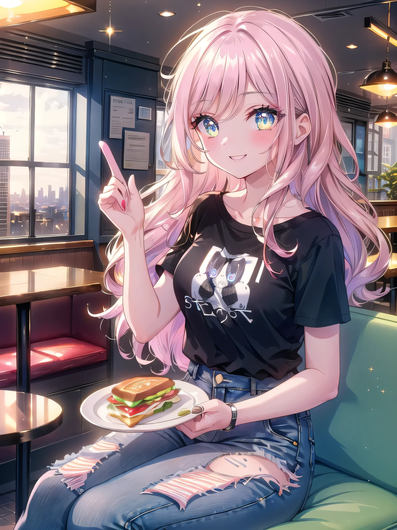 ((8k, Highest quality, masterpiece: 1.3)),Ultra-high resolution,(1 girl, alone), (Color changing eyes, Ultra-detailed, Expressive brilliance, Glitter, Glowing Eyes), Highly detailed eyes, Highly detailed face, Random Hair, ((pastel colour)The woman is sitting in a trendy urban café, where a single-serving avocado and egg sandwich is on her plate, accompanied by a small latte. She’s wearing a simple graphic tee and a pair of casual, ripped jeans, her hair styled in loose waves. The café’s interior is modern, with sleek furniture and large windows overlooking the city streets. She gazes into the camera with a playful, teasing smile, her eyes full of affection as she jokingly makes a point to her boyfriend, her finger pointing at him in mock reprimand.