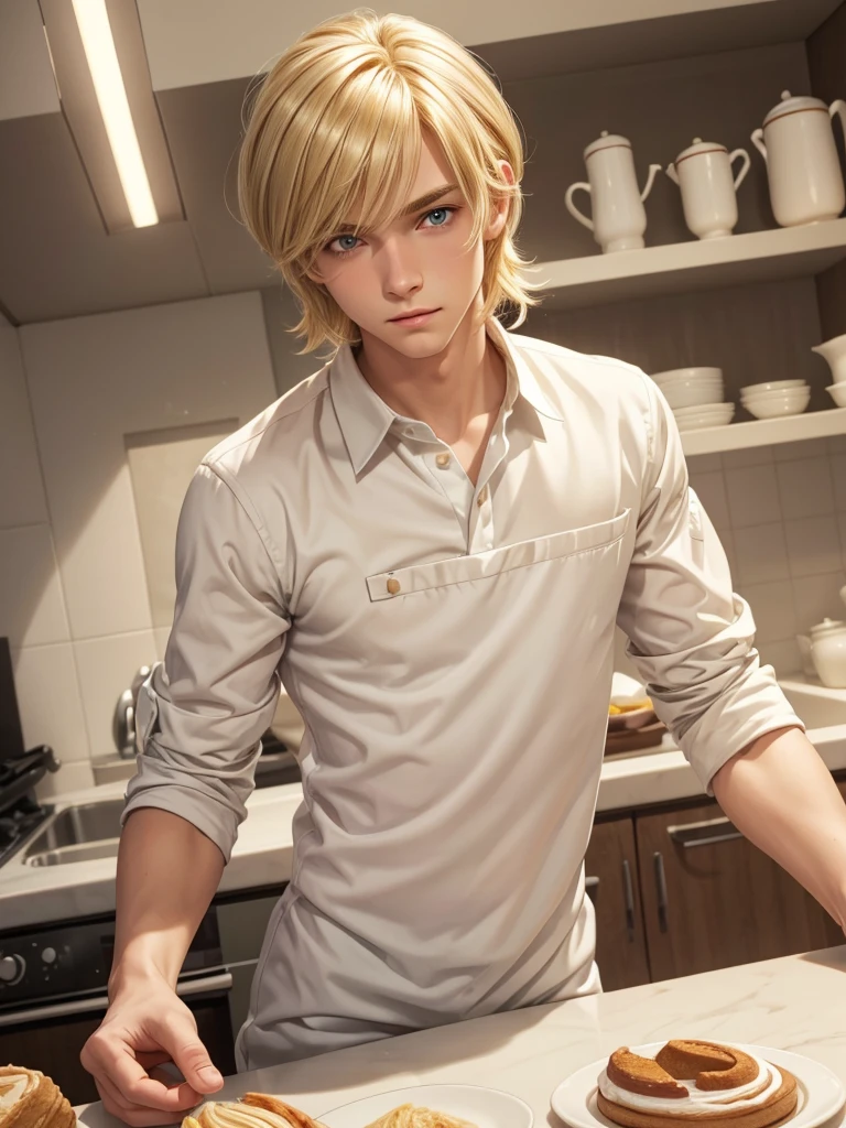 (best quality), 1boy, male, porcelain skin, blonde hair, medium hair, straight hair, side swept bangs, brown eyes, perfect eyes, boyish, cute face, patissier uniform, skinny body, masterpiece, anatomically correct, highres
