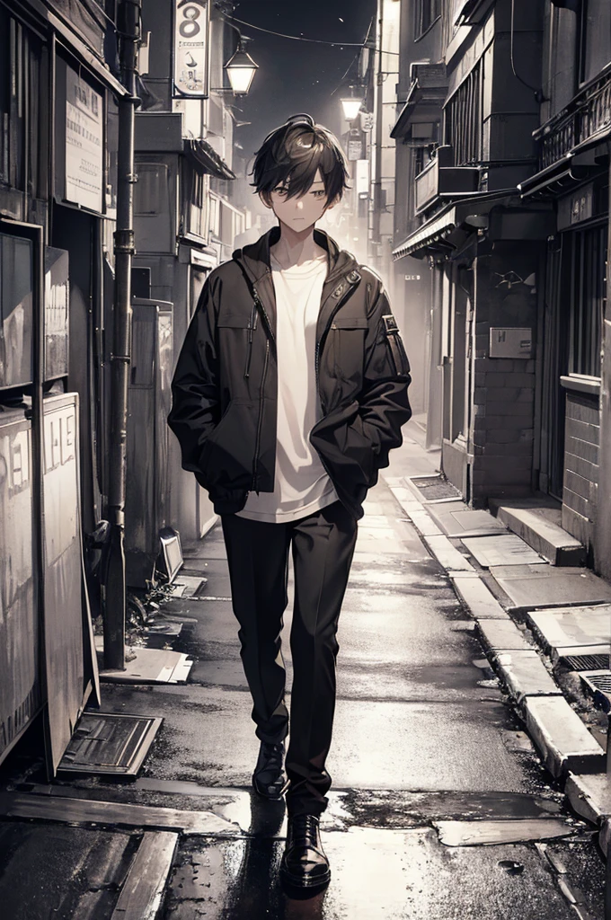 (((wallpaper 8k CG))), ((absurdres)), masterpiece, a male person standing on a city street, in the dark, wearing a jacket, 1boy, jacket, male focus, outdoors, solo, hand in pocket, looking at viewer, pants, black pants, street, long sleeves, closed mouth, road, short hair, open clothes