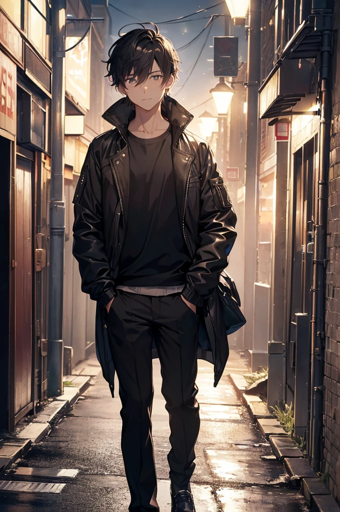 (((wallpaper 8k CG))), ((absurdres)), masterpiece, a male person standing on a city street, in the dark, wearing a jacket, 1boy, jacket, male focus, outdoors, solo, hand in pocket, looking at viewer, pants, black pants, street, long sleeves, closed mouth, road, short hair, open clothes