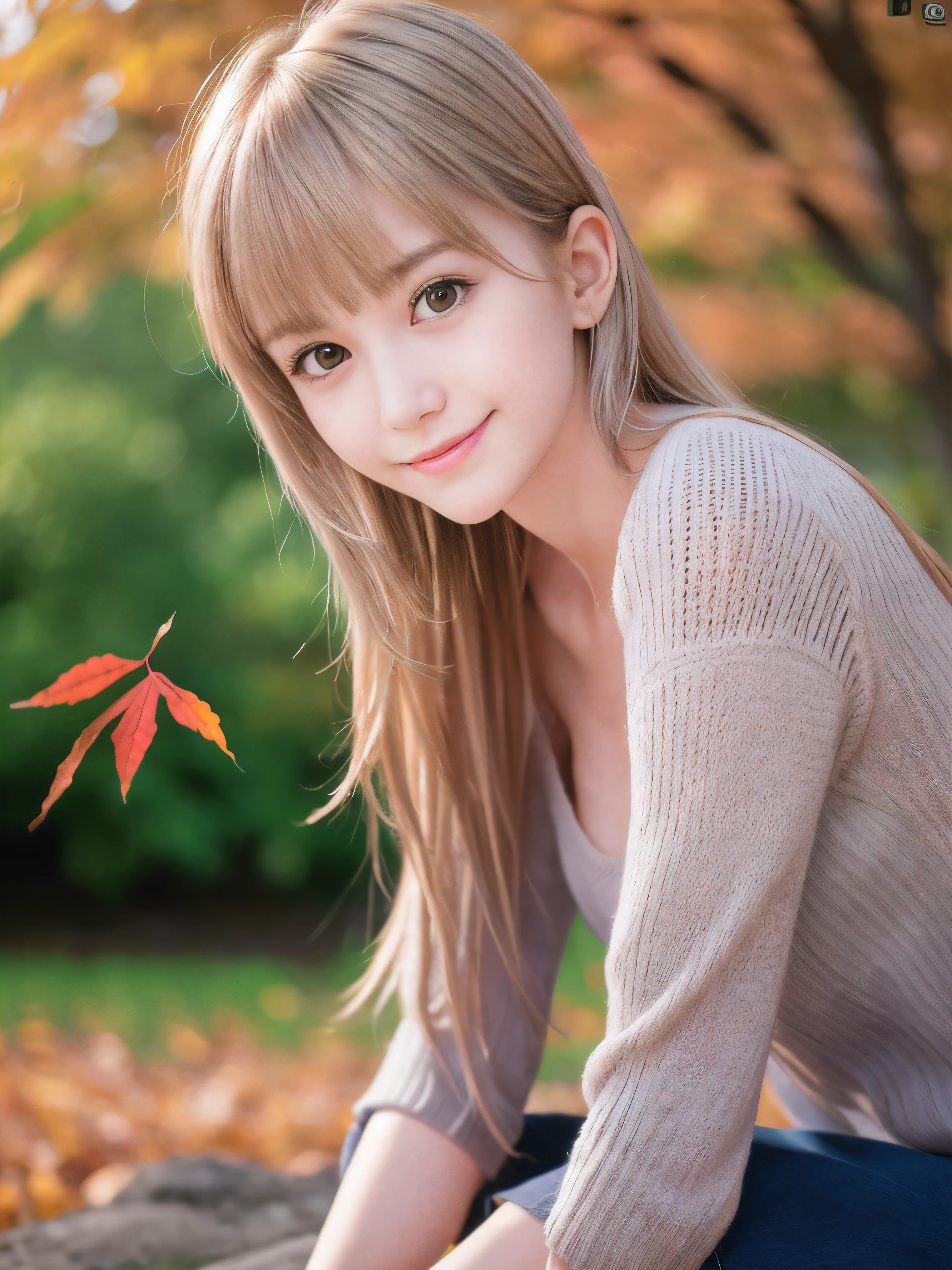 (Close up face shot of one slender small breasts half up blonde long hair with bangs girl in a long sleeves shirt and sweater:1.5)、(One blonde hair girl is leaning forward with small smile on the dart road near the lake and big waterfall:1.5)、(Beautiful autumn red leaves and mountain:1.5)、(Natural light:1.5)、(8k ultra detailed master piece:1.5)、(perfect anatomy:1.5)、(Photorealistic stick:1.5)、(Raw photo:1.3)、(highest quality:1.5)、(High resolution:1.3)、(Delicate and beautiful perfect face:1.3)、(Delicate and beautiful eye air skin:1.3)、(Real Human Skin:1.3)、((thin legs))