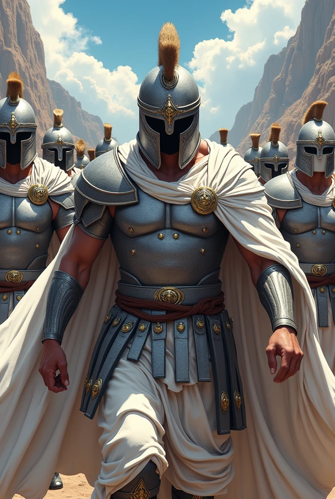 ancient greece army, ((anime styling)) ,with gray armor, ((white tunic and cape)).
  