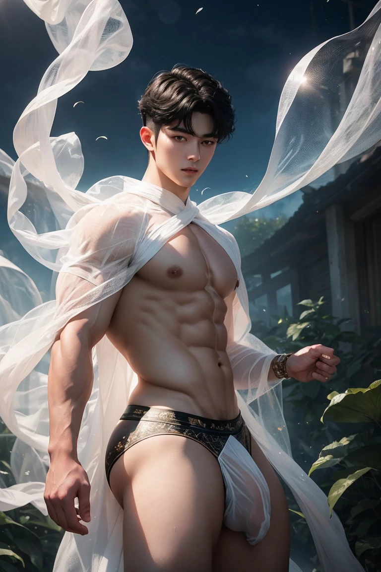 Realistic, High detailed, High quality, Cha Eun Woo, Photo of a handsome and cute boy (Korean guy who looks like a K-pop idol), 20 yo, Celestial flower garden background, Full length portrait, A white flowing see-through clothes, A white fabric, A white flowing see-through bottom, Holy aura, Six-Pack, Dancing, Looking at the camera, Big chest muscles, Narrow waist, Big hips, Big tight thighs, A short black hair with bangs, Male slim muscular man, Big bulge, Voluptuous crotch, Big fat ass, Big bubble butt, Wind power, Fantasy, Action, Mystery and magic, White skin, Fight the enemy, Perfect face, Perfect body, Sparkling eyes, Flicking the fabric, Flying in the air