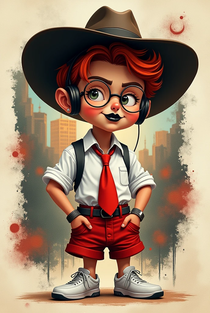 **Channeling the fierce spirit of a suave 20 year old cowboy in a wide brimmed hat, red tie, and round glasses, with a white shirt and red shorts🎬 Realistic 4d caricature of a big head, trendy anthropomorphic man wearing white shoes, black headphones and ( black! lipgloss!), with red hair in a stylish layered collage - layers; dark art, stylish innovative street art, iconic portraits, torn paper, fragmented shapes, hyper-realism with intricate details, complementary colors, soft lighting, ultra-clear textures,uhd,16k
