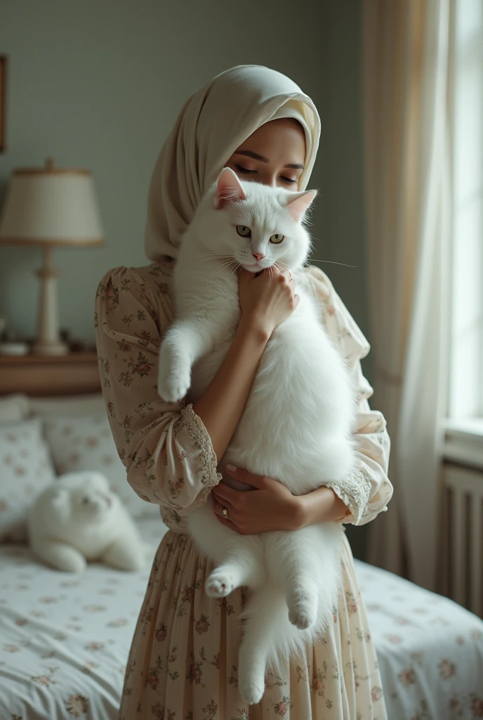 A white skin woman holding a white cat in hand standing in her bed room not showing face wearing a head scarf wearing a floral dress  hiding her face behind the cat 
