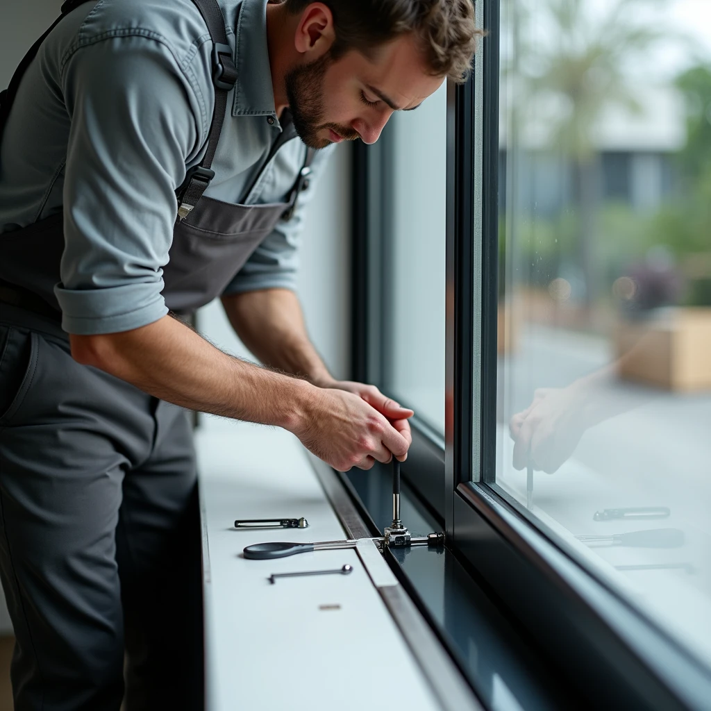 A close-up of a professional craftsman installing a set of concealed hinges and a magnetic lock into a sleek, modern window frame. The image should capture the precision of the installation process, with tools and components neatly arranged, showcasing the seamless integration of the hardware into the window for a clean, minimalist finish. The background should suggest a high-end interior space, highlighting the quality and expertise of the service.
