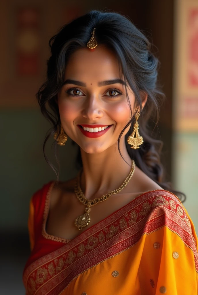 A woman with dusky skin tone in Indian outfit smiling