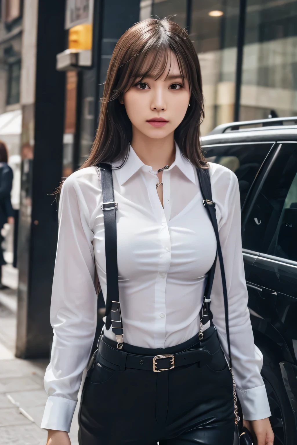 a woman in a suit, belt, hands behind back, sweating, suspenders, black pants, sexly, large breasts, see-through clothing, rain, detective, office worker, white button-up shirt, (best quality,4K,8k,highres,masterpiece:1.2),ultra-detailed,(realistic,photorealistic,photo-realistic:1.37),hyper-detailed,highly detailed face and body, Slender　thin　suspenders　Moderate breasts　See-through shirt　Nipples　holster　chain　Pistol　Armament　criminal　Female criminal　knife