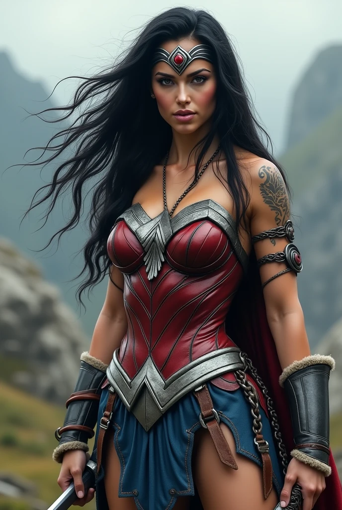 (((A beautiful woman with long, black, unruly hair under the cloak of the Amazon warrior Wonder Woman((((((Falda en ovejero sobre Black legis)))))),(((Red corset with a wide silver metal eagle covering her breasts as an emblem))),(((Dark silver metal bracelets))),(((Red sheepskin boots long up to his knees with sheepskin on the edge)),(((Sheepskin on his shoulders))),(((Tattoos on one of her arms and a wide silver metal headband with a red star ruby on her forehead)))Giant Viking style sword in his hand))),(((Wonder Woman Vikingo))),(((Black legis))),//////Red boots in sheepskin with beige trim//////