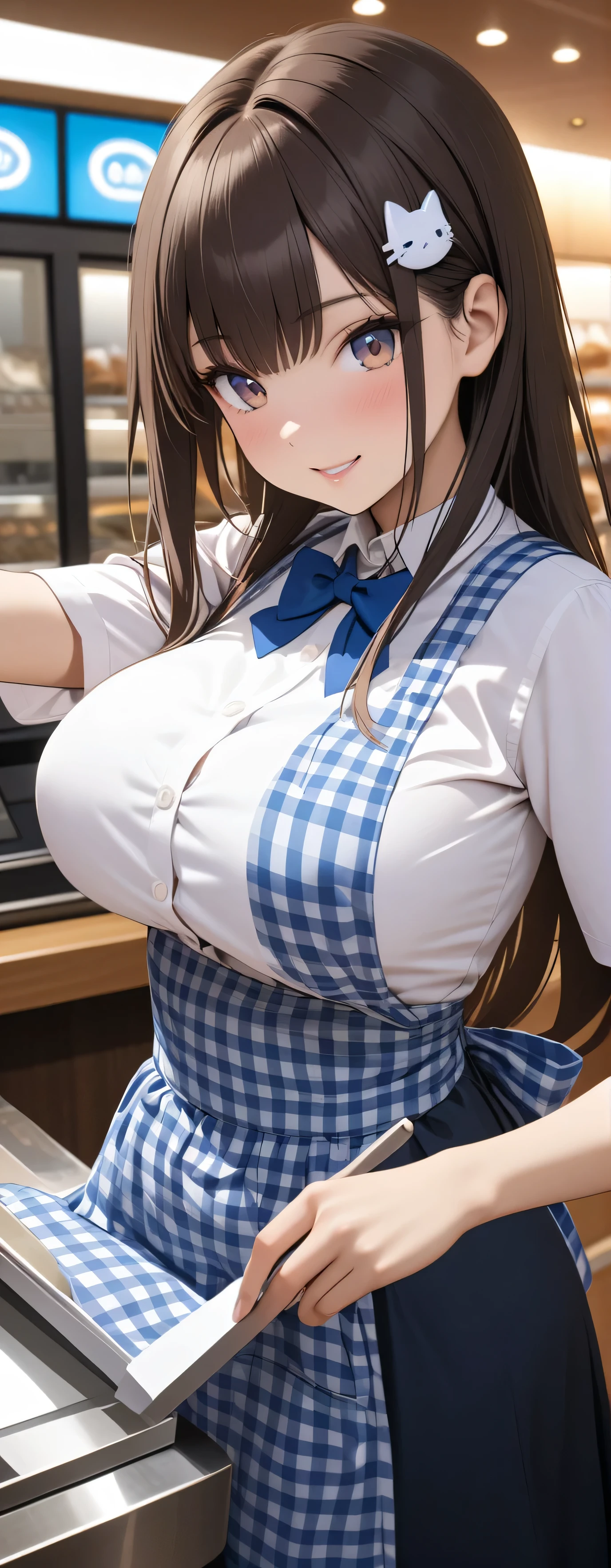 (Beauty: 1.3),One person,masterpiece, Highest quality, Ultra-high resolution,Rich contrast,super high quality,8k,Highly detailed CG unit wallpaper,texture,Unbelievably absurd,Ultra-high resolution,RAW Photos,Depth of Field 1.2,crew, blue bow, blue bowtie, white shirt, short sleeves, blue skirt, blue apron, gingham apron, employee uniform, high-waist skirt, waitress,(Brown Hair,Layered cut,Long Hair),happy,Very fine eye,bigeyes,looking pleasured, (Perfect hands, Perfect Anatomy),Glowing Skin,Cute cat hairpin,restaurant,Beautiful glossy lips,pinup,((extreme close-up)),light smile,(Large Breasts:1.5),I am checking out customers at the cash register.