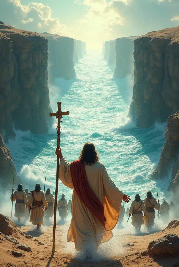 Jesus Christ with his staff opening the Red Sea with his disciples passing through the open sea and the soldiers on dry land