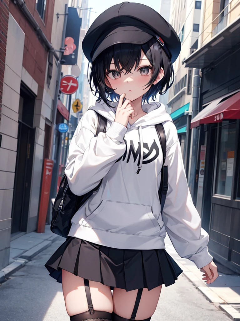 anime, Highest quality, masterpiece, High resolution, stylish, Dynamic Angle, Cowgirl Shot, Character close-up, cute ,One person, short hair, Black Hair, hoodie, Mob Cap, Runaway girl, street, Grab the skirt, Thigh-high stockings, garter belt , Pleated skirt, Ultra mini skirt