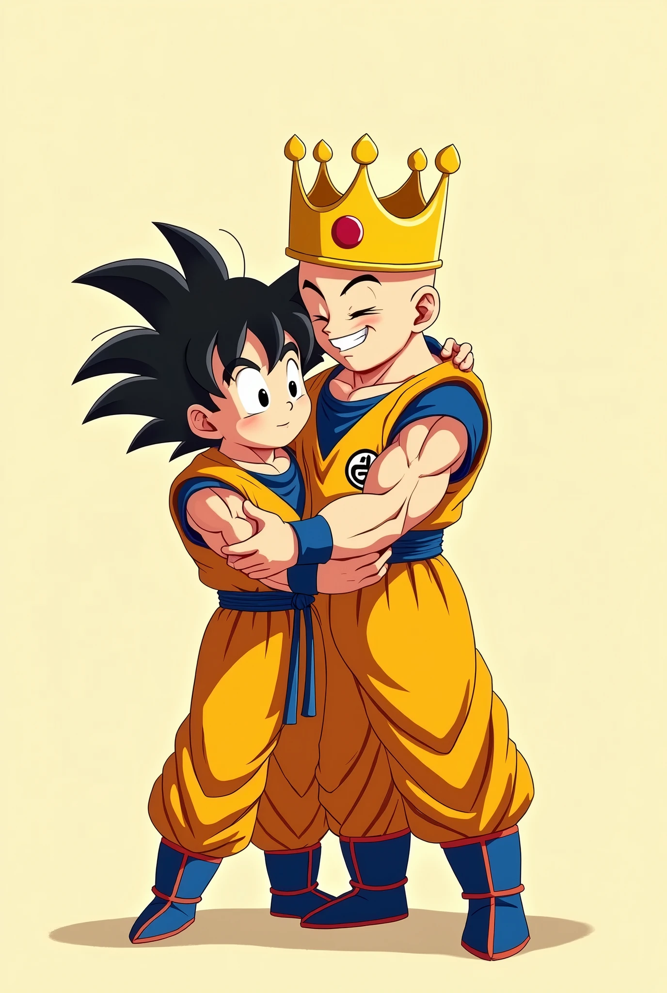 Goku from Dragon Ball Z in yellow clothes hugging a crown also in yellow clothes making the number 4 with his hand. 