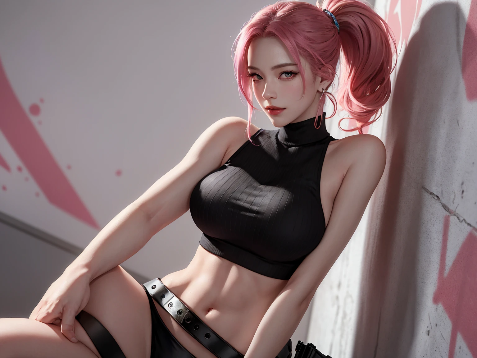 (Masterpiece, best quality, 1 girl, alone, complicated details, Chromatic aberration), realistic, ((Moderate breath)),long hair, pink hair, Red headpiece, Pink Highlights, hair on one eye,purple eyes, earring, sharp eyes, choker, Neon coat, She wears a collar, bangle, and kimono style garters., crop top, (symmetrical eyes),(Perfect symmetrical body),against the wall, Brick wall, (colorful graffiti words on the wall:1.2), The light is dim., alley ,Look at the viewer.、Dig the chest、smile、(sleeveless、Navel touch、Fitted turtleneck.)、street string hot pants、Thin bottom、Please build above the eaves..、Thin shoulders、(high quality, 8k, 4k, high contrast, masterpiece:1.2, best quality, best aesthetics), (dynamic angle), Seductive portrait of Sexy female police officer, Masterpiece, (realistic 8k, photorealistic: 1.37), detailed realistic, detailed face and body, Beautiful breasts, her breasts stick out of her outfit, beautiful pointy breasts, length of ultra giant breasts goes down to her toned stomach, professional art, perfect detailed,confident look, (black hair, ponytail), Shiny black uniform, Tactical belt with equipment, Glossy Badges and Name Tags, composition from above, dynamic pose, sitting, at police station room, dutch angle