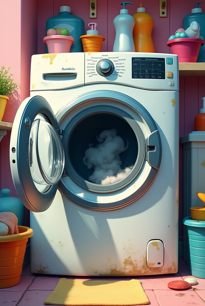 washing machine door with a bad smell from the inside, in the style of an animated film