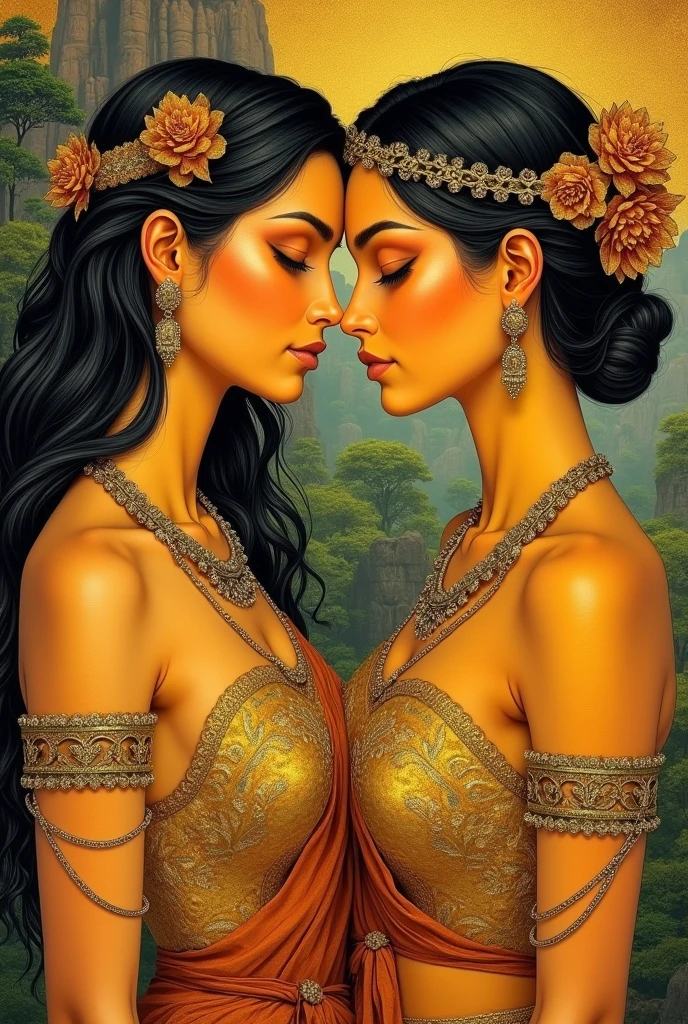 Genarate Sigirya beautiful womens art pictures in real more same angles as art in sigirya gold mixed yellow skin so close both womans