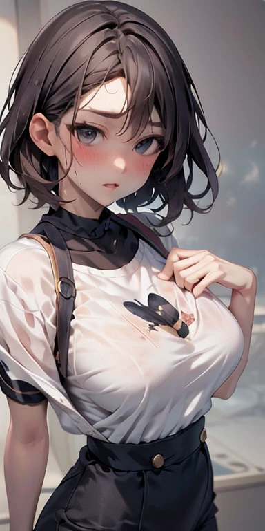 ()Realistic Face、Sweaty、、Black モヒカンヘア、Tomboy.Emphasis on breast valley、Wearing a tシャツ．短パン、Sexy posing、Embarrassed expression