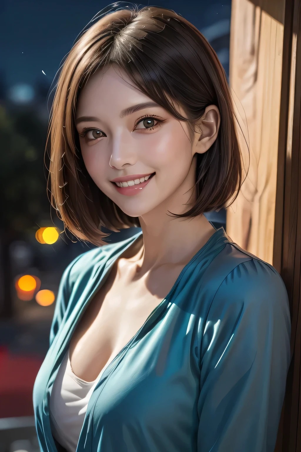 (highest quality, 8k, 32K, masterpiece), (Realistic), (Realistic:1.2), (High resolution), (night:1.7), Japan, cyber punk, 街の景Farbe, In front of the window,Wooden floor, Blue jacket, Grey Shirt, clavicle, jewelry, gem, Brunette Bob, 1 female, 4, (Grin), Beautiful body, beautifulNose, beautifulcharacter design, Perfect Eyes, perfectface, Expressive eyes, View your audience, Center the image, (Cowboy Shot), Official Art, Very detailed CG Unity 8k wallpaper, Perfect lighting,Farbeful, bright_front_face_Lighting,Glowing Skin, (masterpiece:1.0),(Highest_quality:1.0), 超High resolution,4K,Very detailed, photograph, 8k, High resolution, High resolution, absurdes:1.2, Kodak Port 400, Film Grain, Blurred Background, bokeh:1.2, Lens flare, (Vibrant_Farbe:1.2) (beautiful,chest), (beautiful_face:1.5),(narrow_Waist)