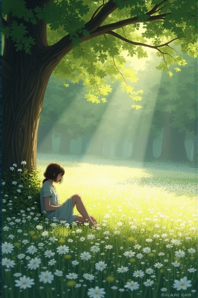 Resting under the shade of green tree, sunrays dance through leaves , illuminating the field of white flowers