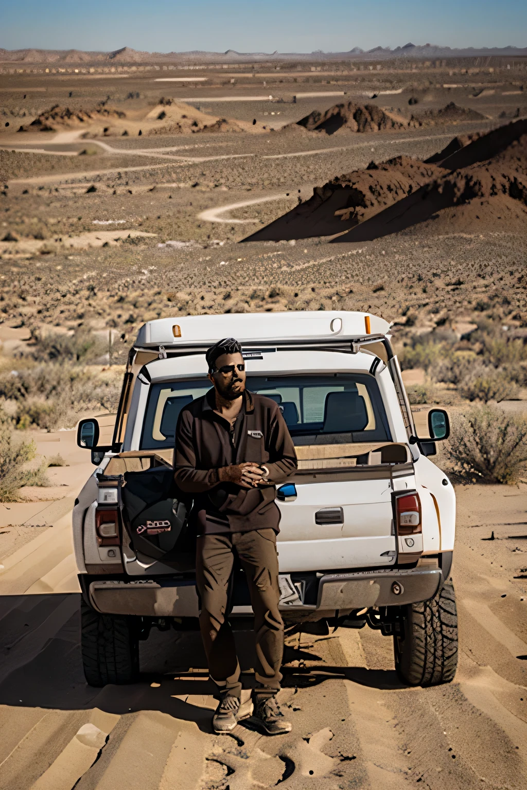 Stranded man in desert, beside truck