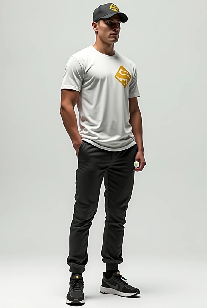 I want a man with a cap,shirt with a gold S on the right side of the chest,with pants,and a pair of sneakers on your feet 
