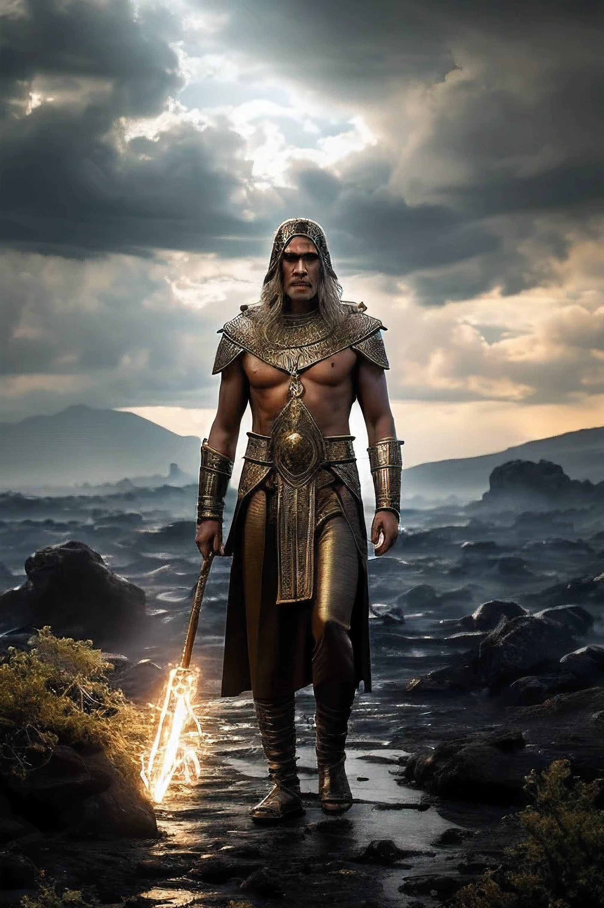 "A majestic Anunnaki man descends from a swirling vortex in the sky, his arrival marked by crackling bolts of blue-white lightning. His imposing figure, standing at least 9 feet tall, is framed by a pulsating golden aura. The being's skin shimmers with a metallic sheen, resembling polished bronze. His eyes glow an otherworldly electric blue, seeming to pierce through the very souls of those who dare to look upon him.
The Anunnaki's attire is a marvel of advanced technology and artistry: a flowing robe of shimmering material that seems to change color with every movement, adorned with intricate patterns that appear to move and shift. An elaborate headdress of gold and precious gems crowns his head, featuring antenna-like protrusions that emit a soft hum.
In his right hand, he wields a staff of an unknown, glowing material that crackles with energy. His left hand is outstretched, fingers splayed, as he manipulates the elements around him. The earth trembles beneath his feet, causing fissures to form in the ground. Nearby, a placid lake begins to churn and rise, defying gravity as globules of water float upward.
The sky above darkens ominously, clouds swirling in unnatural patterns. Flocks of birds flee in chaotic patterns, their natural instincts overwhelmed by the Anunnaki's presence. In the distance, dormant volcanoes suddenly spring to life, spewing ash and lava into the air.
Surrounding the Anunnaki are crowds of ancient humans, their expressions a mix of awe, fear, and reverence. Many fall to their knees, bowing deeply. Others shield their eyes from the intense light emanating from the being. Their primitive tools and weapons lie discarded on the ground, rendered useless in the face of such power.
The landscape is a mix of lush, primordial forest and barren, rocky terrain. In the background, half-finished megalithic structures can be seen - enormous stone blocks suspended in mid-air, apparently under the control of the Anunnaki's power. Ancient cave painti