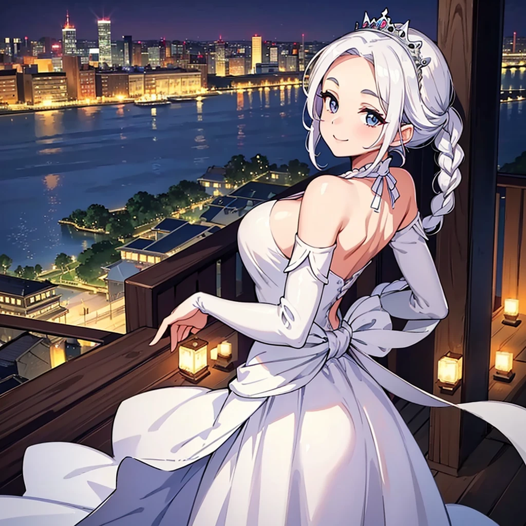 ((((Solo))))、Highest quality, Best Quality、middle ages、(Full body character concept)、(((白いGorgeous dress))、(Mature Woman、Mother、40 years old)、(White Hair、Middle Reason、Does not touch the forehead、Dumpling、Braid)、(smile)、(princess、Queen of the West)、(Gorgeous dress、Shoulder)、tiara、(city)、(smile)、(From the back、back view)、(Looking into the distance)