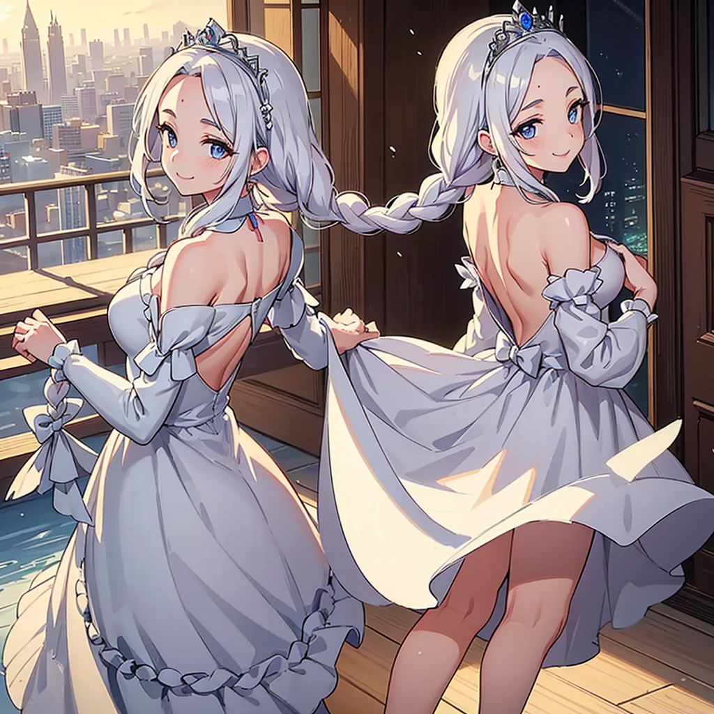 ((((Solo))))、Highest quality, Best Quality、middle ages、(((白いGorgeous dress))、(Mature Woman、Mother、40 years old)、(White Hair、Middle Reason、Does not touch the forehead、Dumpling、Braid)、(smile)、(princess、Queen of the West)、(Gorgeous dress、Shoulder)、tiara、(city)、(smile)、(From the back、back view)