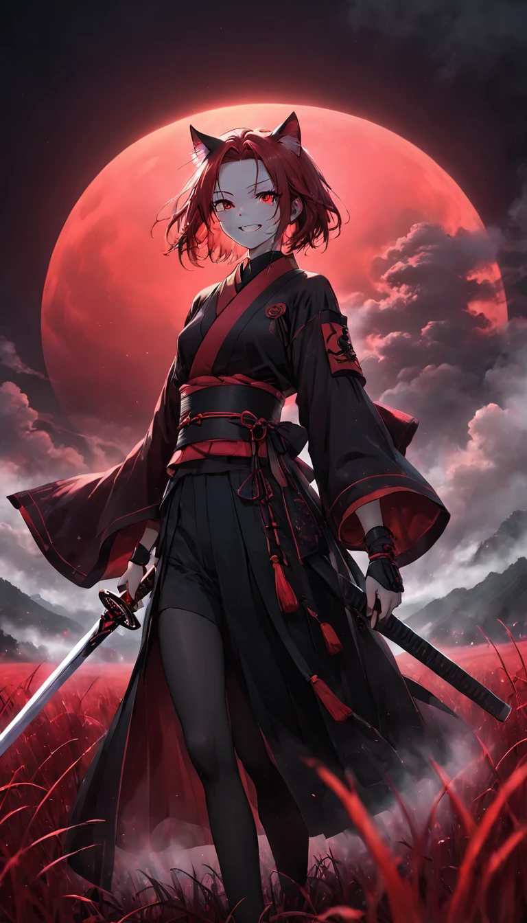 high resolution。Beautiful Face。cowboy shot。A woman in scarlet ronin clothing。Beautiful feet。Messy red short hair。forehead。Cat ear。Cat Eyes。 Crimson silver grass field。A world of thick fog,。Red Eyes。clothes are blowing in the wind。Grin。The sword is at his waist。alone。Japan。black sun。Red Sky。Chiaroscuro,