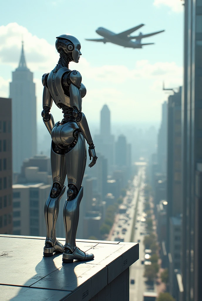 A robot standing on roof top seeing a aeroplane 