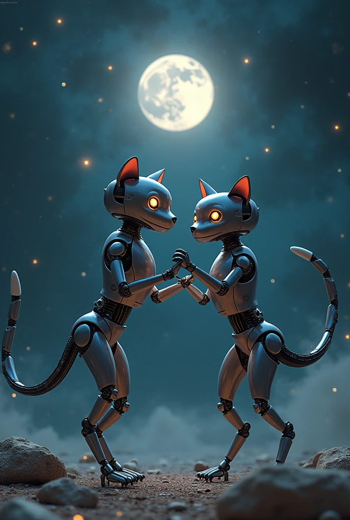 Robotic dog is dancing with robotic cat in moon and Sun