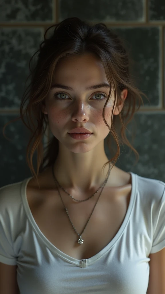 (masterpiece, photorealistic:1.4, extremely intricate:1.3, radiosity, photon mapping, dtx, 8K), ((((closeup necklace, white t-shirt, humid, [medium breasts:large breasts:0.8])), humid, [skin detail:freckles:0.7], natural, 19 year teenage supermodel), dark room, ((stone shower, glass shower, clean)))
